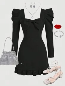 SHEIN Leap Crew Tween 女童方领蝴蝶结装饰羊腿长袖优雅连衣裙 - 黑色 - 查看 2