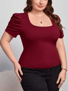 SHEIN Privé Plus Size Solid Square Neck Short Sleeve Simple Casual Top - Burgundy - View 5