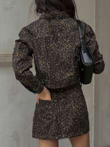 DAZY مجموعة جينز على الطراز الغربي للنساء، جاكيت وتنورة مطبوعة بنمط النمر كاملة الجسم، ملابس عمل للنساء، ملابس نسائية للخريف - بني - مشاهدة 2