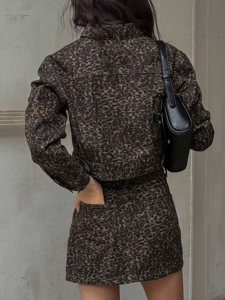 Women's Western Style Denim Set, Full-Body Leopard Print Jacket & Skirt Work Women Clothes,Fall Women Clothes