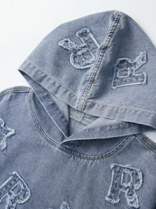 ROMWE MEN Street Life Men's Casual Water-Washed Star & Letter Print Hooded Denim Jacket, Autumn - Blue - View 5