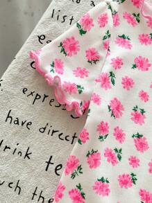 SHEIN LMoss Kids LMoss 2件套新生女宝宝夏季可爱碎花卡通印花针织弹力按扣短袖连体衣套装 - 粉色 - 查看 5