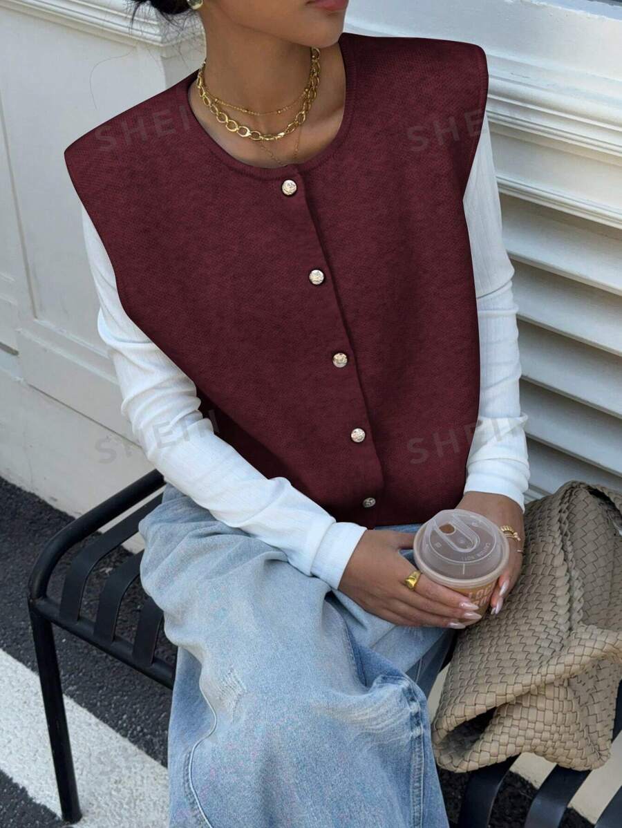 Siren Gaze Chaleco de lana sin mangas casual de unicolor con botones de metal para mujer