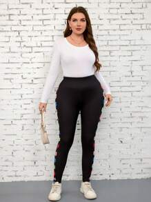 SHEIN LUNE Plus Size Women Floral Print Skinny Leggings, Sports & Casual Wear Vacation Outfits Woman Black Leggings Summer Outfits For Women