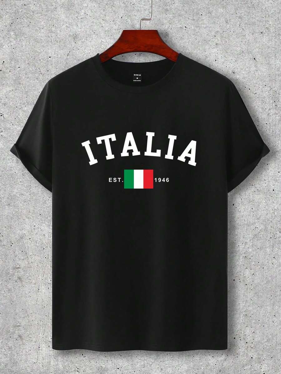 Manfinity Homme Men's Letter Print Round Neck Loose Fit Short Sleeve Casual T-Shirt - Black - View 1