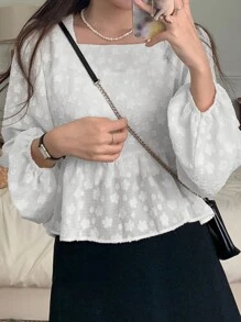 DAZY Blusa blanca de manga larga con cuello cuadrado holgada y estampado jacquard de unicolor para mujer, primavera/verano