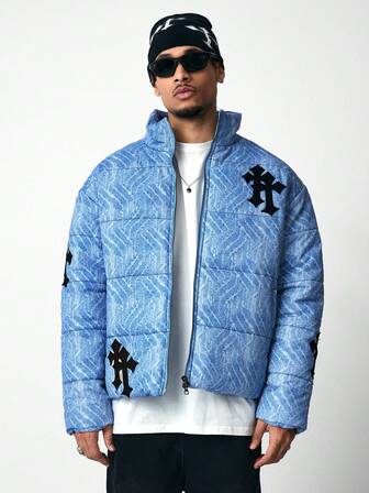 Street Life Men's Cross Embroidered Winter Jacket, For Fall