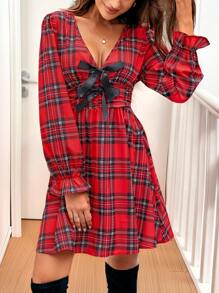 SHEIN VCAY 女式 V 领蝴蝶结装饰 A 字形荷叶边袖口休闲格子节日连衣裙，秋冬