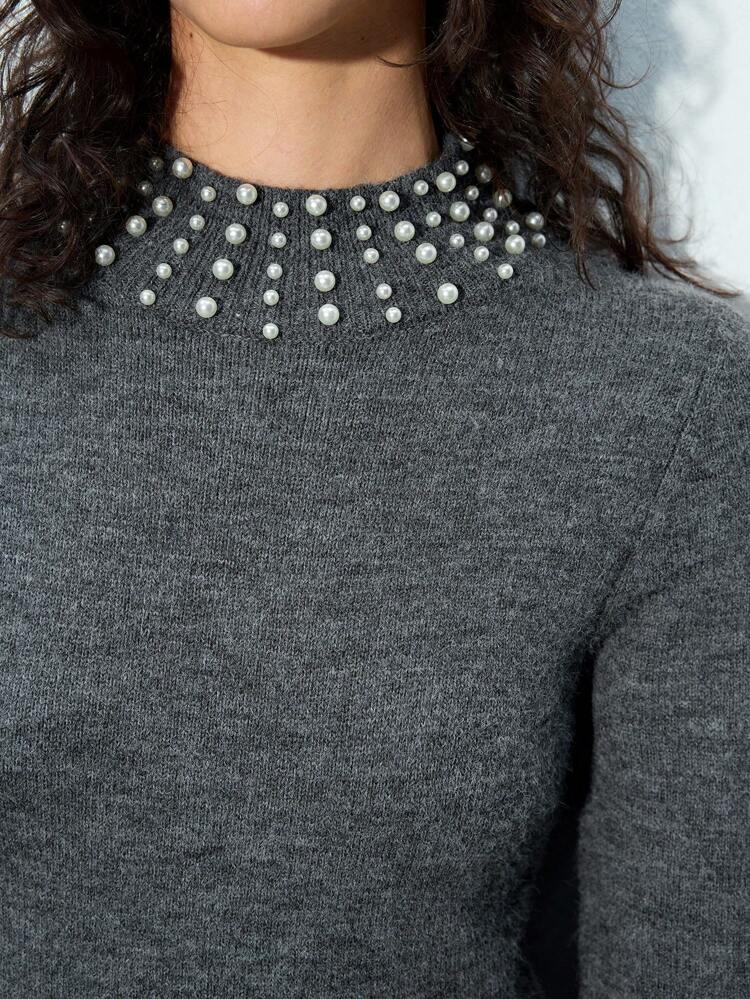 SHEIN Maija Women's Grey Long Sleeve Faux Pearl Trim Waist A-Line Dress, Autumn/Winter Valentine's Day Festival