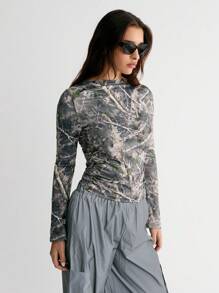 StreetHx Women's Autumn Street Style Plant Branch Print Slim Fit T-Shirt - Multicolor - View 1