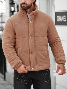 Manfinity Homme 宽松男士按扣前泰迪熊棉服外套，冬季外出外套，送给朋友、丈夫、男朋友的礼物，男士棕色泰迪熊夹克，男士冬季夹克，男士羽绒夹克 - 卡其色 - 查看 5