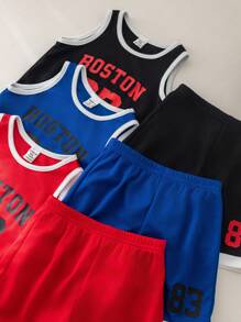SHEIN Conjunto de 6 piezas de ropa deportiva casual adorable para bebé niño, incluye camiseta de tirantes con estampado de letras y pantalones cortos de cintura elástica, adecuado para el hogar, actividades al aire libre, deportes, y guardería