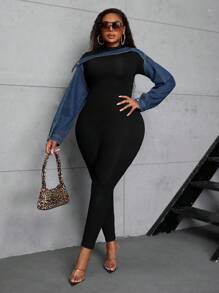 SHEIN SXY Chaqueta vaquera de talla grande para mujer con hombros descubiertos y mangas dobles