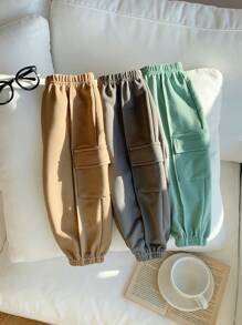 SHEIN Leap Crew 3 件套男女通用婴儿/幼儿工装口袋松紧腰踝带裤套装，适合秋冬季运动、居家、上学的休闲装