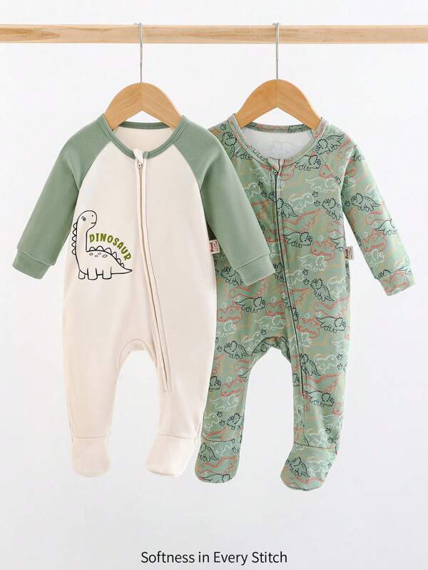 Cozy Pixies Newborn Baby Boy 2pcs Cartoon Dinosaur Print Soft Knit Footed Jumpsuit Set