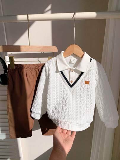 SHEIN 2 pièces/Set Ensemble haut blanc mignon et pantalon à taille élastique pour jeunes garçons, convient pour anniversaire, soirée, représentation, mariage, célébration en automne/hiver