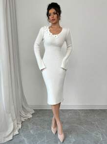 Calvaya Vestido de punto elegante con cuello en V, dobladillo floral y abertura lateral para mujer para el invierno