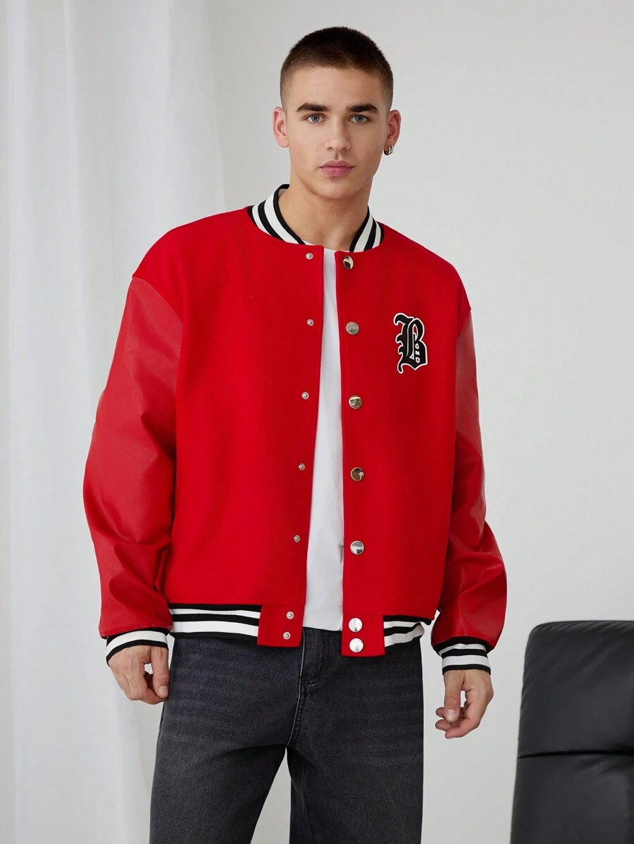 Manfinity VCAY Unisex Loose Fit Woven Dragon And Phoenix Pattern Patchwork PU Leather Baseball Collar Jacket, Suitable For Autumn, For Fall Winter - Red - View 1