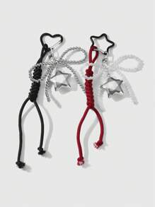 ROMWE Kawaii 2 件 Y2K 时尚甜美哥特式黑色和银色 CCB 仿珍珠蝴蝶结 3D 星形吊坠钥匙扣，适合姐妹、情侣、闺蜜日常佩戴或节日礼物、万圣节 - 彩色 - 查看 1