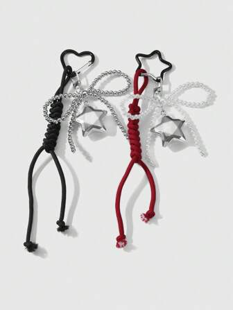 Kawaii 2 Stücke Y2K Stil Süß Gotik Schwarz & Silber CCB Kunstperlen Schleife 3D Stern Schlüsselanhänger, geeignet für Schwestern, Paare, beste Freunde für den täglichen Gebrauch oder als Urlaubsgeschenk