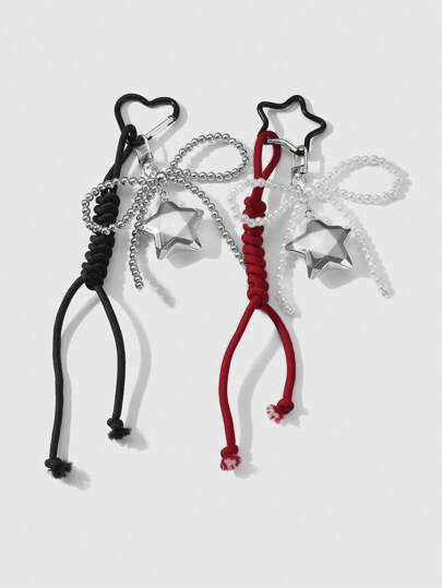 Kawaii 2 Stücke Y2K Stil süß Gothic Schwarz & Silber CCB Kunstperle Schleife 3D Stern Anhänger Schlüsselanhänger, geeignet für Schwestern, Paare, beste Freunde für den täglichen Gebrauch oder als Geschenk, Halloween
