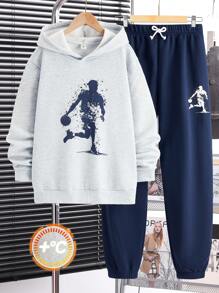 SHEIN Leap Crew 2 Pieces Teen Boys Casual Basketball Player Graphic Print White Hoodie And Black Cuffed Pants Set, Suitable For Autumn, Spring, Sports, School, Casual Daily Wear, Fleece, Thickened - Grey - View 1