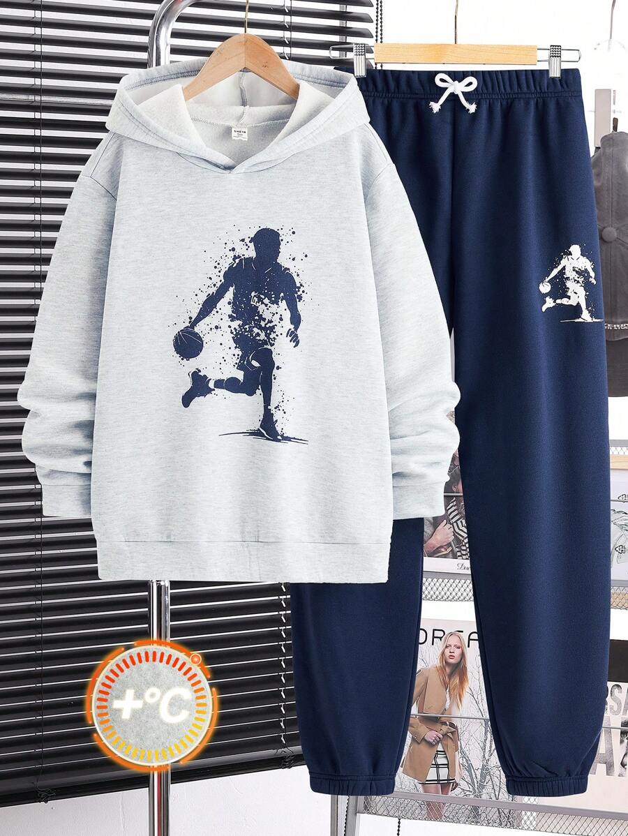 SHEIN Leap Crew 2 Pieces Teen Boys Casual Basketball Player Graphic Print White Hoodie And Black Cuffed Pants Set, Suitable For Autumn, Spring, Sports, School, Casual Daily Wear, Fleece, Thickened - Grey - View 1