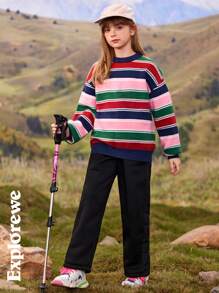 SHEIN Tween Girl Striped Round Neck Long Sleeve Casual Top, Everyday Wear