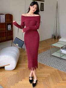 DAZY Robe pull femme épaules dénudées à franges de couleur unie, convient pour le Nouvel An chinois et la Saint-Valentin, vêtements d'automne, robes rouges pour femmes