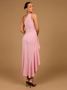 SHEIN Glamour Shiny Satin Ruffle Side One Shoulder High Slit Dress Maxi Women Outfit - Pink - View 2