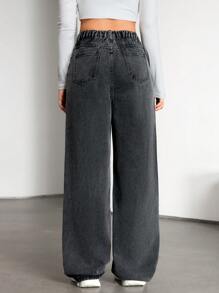 SHEIN 少女简约前扣口袋休闲牛仔裤 - 黑色 - 查看 5