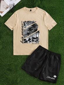 Manfinity Homme 男士字母和棕榈树印花圆领短袖休闲 T 恤和抽绳腰短裤套装