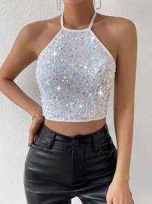 Allurite Women's Halter Neck Backless Sequin Decor Casual Top, Everyday Wear