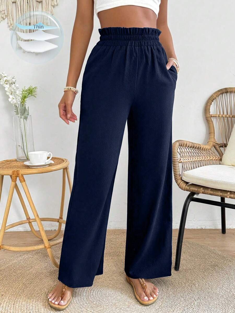 SHEIN PETITE Màu thuần Thắt lưng túi giấy Quần ống rộng Với Túi xéo - Màu xanh lam - Xem 1