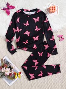 SHEIN Conjunto de pijama casual y cómodo para niña preadolescente de 2 piezas, con pantalón y camiseta de manga larga de ajuste ceñido, estampado minimalista de mariposa que brilla en la oscuridad y cuello redondo con hombros caídos