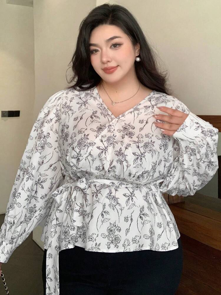 Dazy Plus Plus Size White Holiday Flower Print V-Neck Tie Waist Elegant Blouse, Spring/Summer,Fall Clothes Graphic Tee
