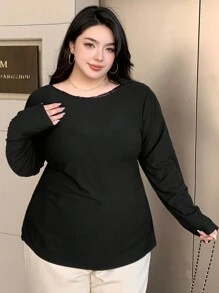 Dazy Plus 大尺碼純色對比蕾絲露背蝴蝶結繫帶長袖性感T恤，春夏款掛脖上衣，女款外出上衣，適合學校穿著 - 黑色 - 查看 8