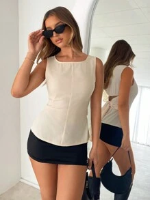 SHEIN Essnce 女士无袖露背系带吊带背心、女士背心、露背上衣、女士外出上衣 - 杏色 - 查看 2