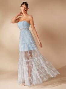 L'Amorae Vestido Longo Fluido e Transparente de Festa de Ano Novo com Floral Elegante em Renda - Azul bebê - Visão 4