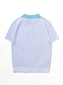 Chillumni Polo à manches courtes casual en tricot, col contrasté pour hommes - Bleu et Blanc - Voir 2