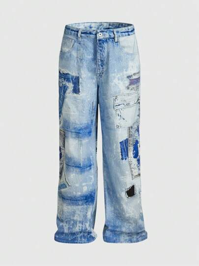 Street Life Pantalon en jean décontracté simple à imprimé avec poche avant boutonnée, pour un port quotidien