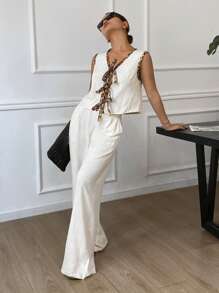 SHEIN Frenchy 2 件套女士纯色系带无袖上衣和长裤套装