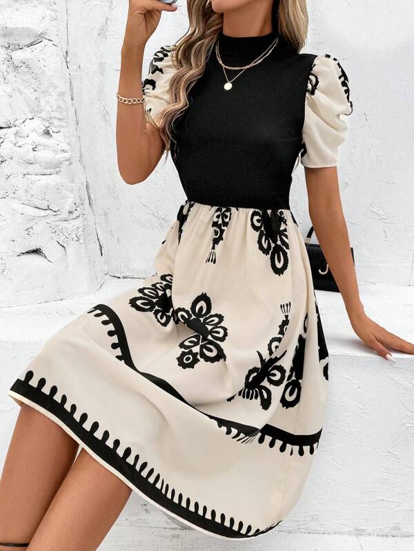 SHEIN Clasi Women's Yin Yang Print Short Sleeve Midi Dress, Suitable For Casual, Holiday, Travel Wear Summer Dresses For Women