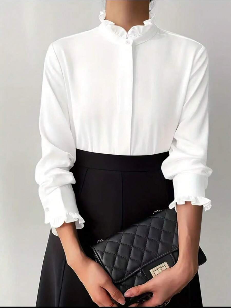 White Ruffle Collar Blouse For Women, Solid Color Minimalist Casual Everyday Wear - White - View 1
