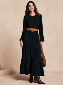 Chiquease 优雅休闲女式长袖连衣裙 - 黑色 - 查看 1