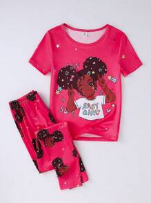 Girls Snug Fit 2pcs Pajama Set, Simple Graphic Print Short Sleeve Top & Long Pants - Multicolor - View 7