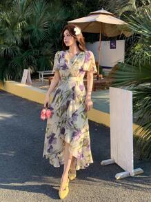 DAZY Robe midi élégante pour femmes à imprimé floral omniprésent enveloppante, pour l'été