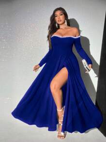 Viva Relle Vestido elegante de manga larga con hombros descubiertos, bajo con abertura y decoración de perlas para mujeres de talla grande - azul real - Ver 1