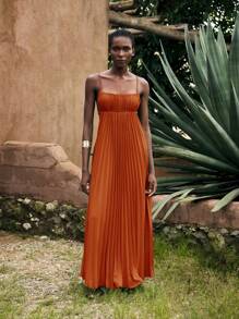 Maija Women's Versatile Orange Red Decoration Casual Urban Vacation Beach Outfit, Modern Loose Linen Color Shirt Collar Pleated Mid-Length Dress,Sun Dress Sun Dress All-Match Summer Clothing For All Seasons, Modern Holiday Fashion Design, Comfortable Beach Beach Clothing, Bohemian Style, Isabi Island Holiday Wear, Summer Dopamine Holiday Wear, Ins Same Style Holiday Style, Exotic Atmosphere, Country Concert, Western Style Clothing Modern Holiday Bohemian Casual Women's Wear With Large Skirt And Pleated Design - Orange - View 8