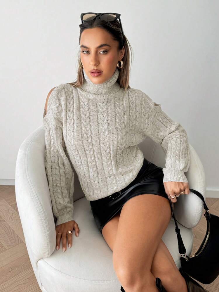 Turtleneck Cold Shoulder Cable Knit Sweater